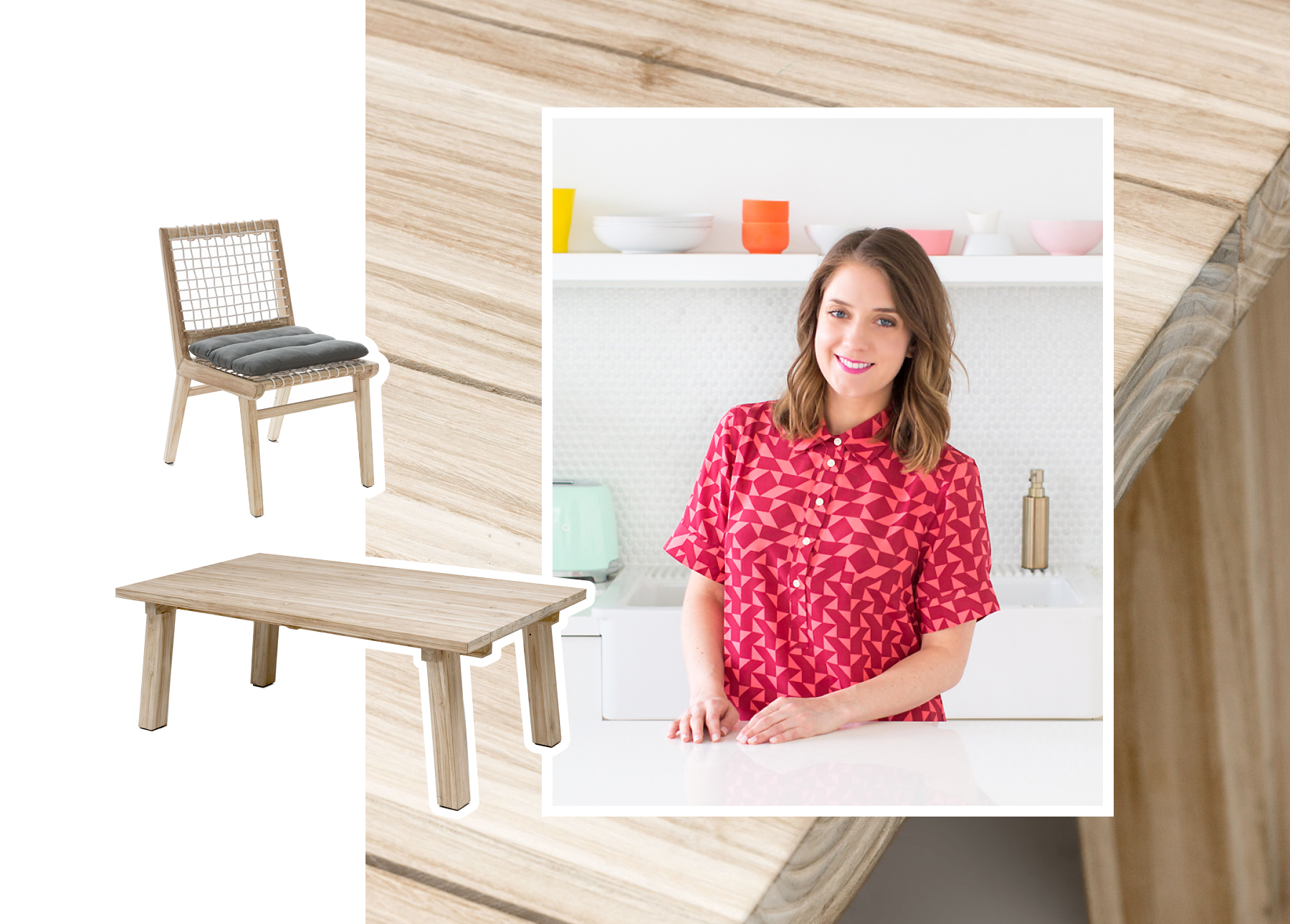 Ashley Rose, Creator of Sugar&Cloth, with a Teaka dining table & chairs